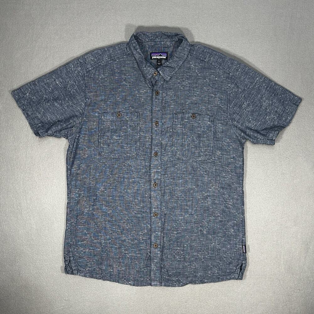 Patagonia Hemp Organic Cotton Shirt Men’s Large Blue Pattern Short Sleeve